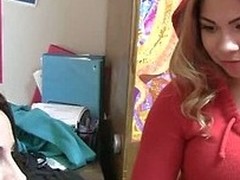 There college girls feel bored and want to have some fun. This video is all about these four entertaining themselves the way they can. There is a guy in there room. Great!